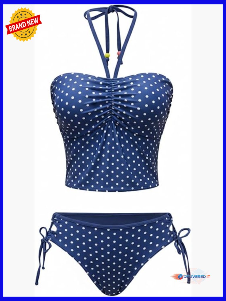 Trendy Side Tie 2 Piece Bikini Set Halter Ruched Bathing Suit Retro Strapless